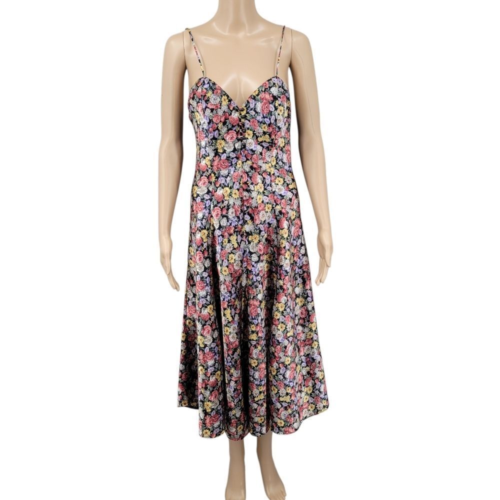 Vintage Satin Dark Floral Spaghetti Strap Slip Dress Nightgown